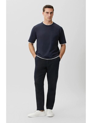 Network Navy Woven Cotton Linen Dobby Pattern Trousers