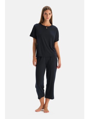 Dagi Navy Collar Detail Modal Cooling T-Shirt And Pants Set