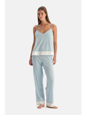 Dagi Light Blue Geometric Pattern Cotton Modal Tank Top And Pants Pajama Set