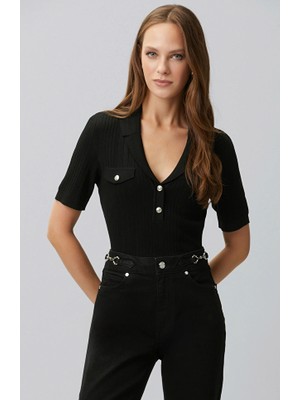 Network Black V Polo Collar Buttoned Short Sleeve Sweater