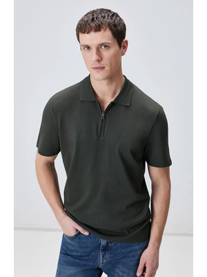Network Khaki Polo Concealed Placket Zippered Sweater