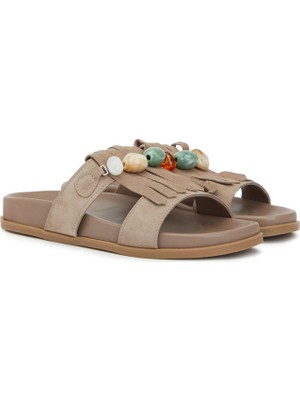 Divarese Dıvarese Beige Embellished Women's Leather Slides