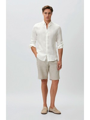 Network Mink Buckle Waist Striped Linen Shorts
