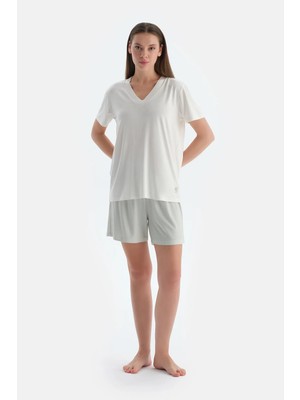 Dagi Ecru V-Neck Short Sleeve T-Shirt And Shorts Pajama Set