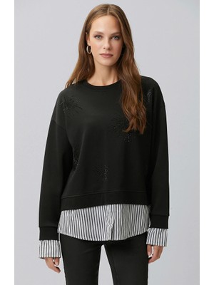 Network Black Rhinestone Detail Woven Trim Sweatshirt