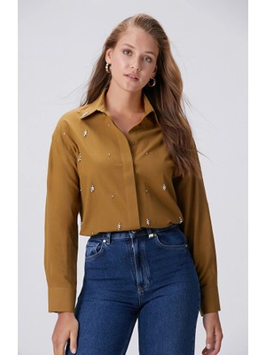 Network Mustard Scattered Rhinestone Embellished Pocket Long Sleeve Shirt