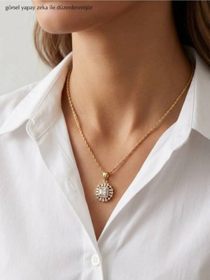Luxenya Design Zirkon Taşlı Kare Baget Detaylı cm Jewelry 14K Altın Kaplama Kadın Çelik Kolye Takı Mücevher