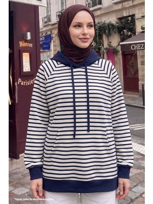 Modestim Kadın Modal Kumaş Çizgili  Kanguru Cepli Kapüşonlu Tesettür Sweat Tunik Lacivert