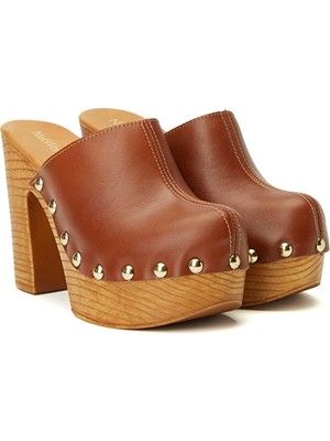 Network Tan High-Heeled Women's Leather Slides