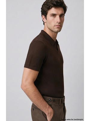 Network Brown Open Collar Short Sleeve Sweater