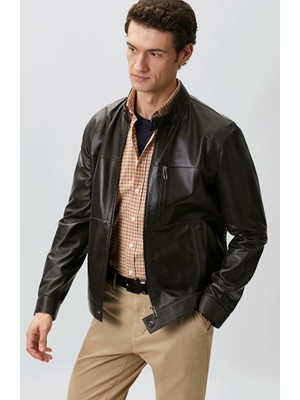 Network Brown Chest Pocket Detail Leather Jacket