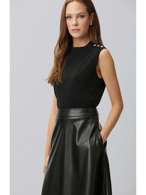 Network Black Sleeveless Shoulder Snap Detail Knit Sweater