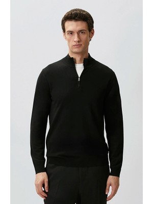 Network Black Stand Collar Zippered Knit Sweater