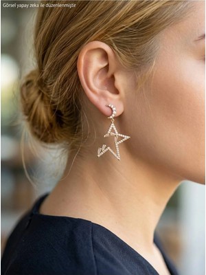 Luxenya Design Xuping Jewelry Ay Yıldız Model Sallantılı Zirkon Taşlı 14K Altın Kaplama Kadın Çelik Küpe Takı Mücevher