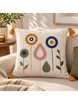 Fuens Punch Nakışlı Kırlent Kılıfı Yüksek Kalite Keten Kumaş - 43*43 cm PUNCH053P