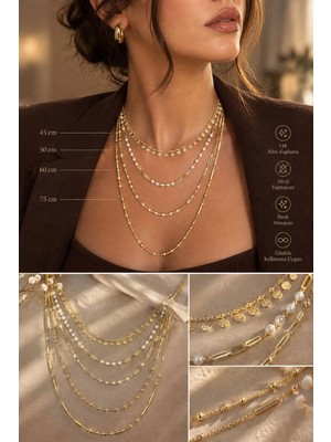 Luxenya Design 4’lü Kolye Kombini Çoklu Zincir Katmanlı Layering Kolye, Inci Detaylı 14K Altın Kaplama Kadın Çelik Kolye
