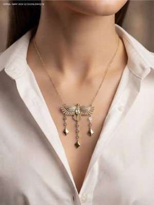 Luxenya Design Melek Kanadı Zirkon Taşlı Fashion Jewelry 14K Altın Kaplama Çelik Kadın Kolye Takı Mücevher