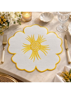 6 Adet Çiçek Desen Nakışlı Keten Amerikan Servis Seti - Özel Leke Tutmaz Kumaş Supla