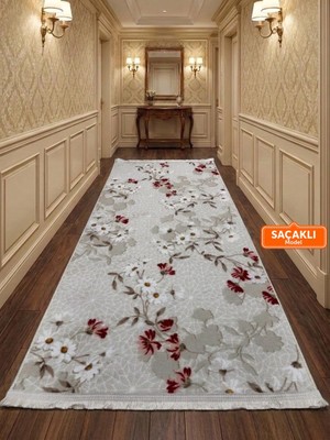 NarStore Home Elit Saçaklı Pembe Kahve Çiçekli Kabartmalı Kaymaz Taban Yıkanabilir Kesme Yolluk Halı