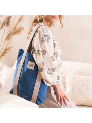 Hilaliart Kot Tote Çanta - Içi Astarlı Denim Omuz Çantası - El Işçiliği Kumaş Çanta