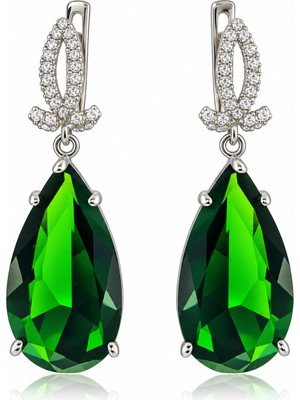 Fm 💎 Premium Parlak ve Şık 925 Gümüş Üzeri Rodyum Kaplama Yeşil Zümrüt Taşlı Damla Kadın Küpe