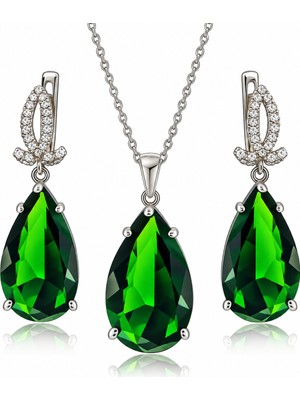 Fm 💎 Premium Parlak ve Şık 925 Gümüş Üzeri Rodyum Kaplama Yeşil Zümrüt Taş Damla Kadın Takı Set (45cm)