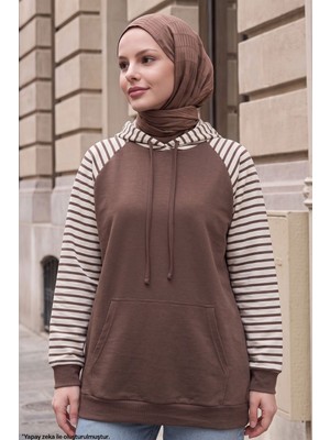 Modestim Kadın Kapüşonlu Kanguru Cepli Çizgili Tesettür Sweatshirt Tunik Kahve