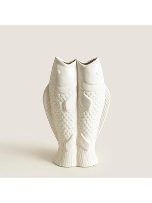 Chakra Double Fish Figure White Stoneware Vase Natural