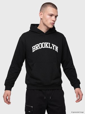 Lc Waikiki Yeni Sezon Siyah Brooklyn Baskılı Erkek Hoodie