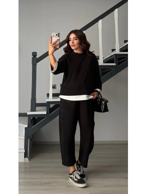 Elisin Siyah Kontrast Tshirt Detaylı Örme Takım