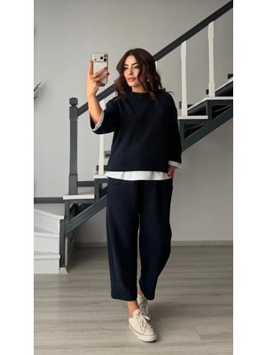 Elisin Lacivert Kontrast Tshirt Detaylı Örme Takım