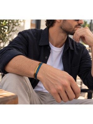 Ayen Accessories Erkek 2'li Bileklik Seti Sarı-Mavi Metalik Çelik Ip Bağlamalı Şık Tasarım Bileklik