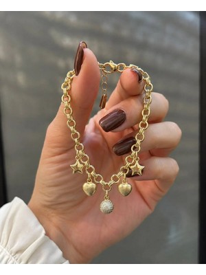 Yonca Cm Jewelry Kalp ve Yıldız Detaylı Dorikalı Charm Bileklik, 14 Ayar Altın Kaplama 17+3 cm Ayarlanabilir