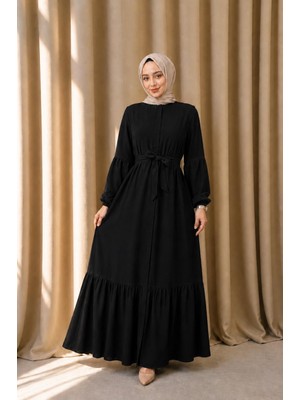 Moda Asi Modaasi Salaş Kesim Rabia Krep Ferace Kuşaklı Rahat Kalıp Tesettür Elbise