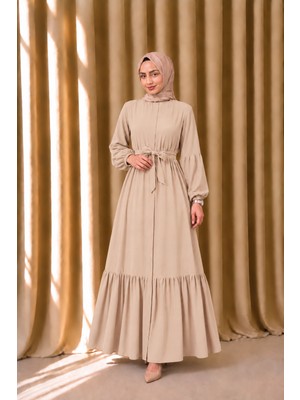 Moda Asi Modaasi Salaş Kesim Rabia Krep Ferace Kuşaklı Rahat Kalıp Tesettür Elbise