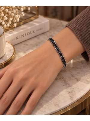 Ayen Accessories Unisex Kadın/erkek Gümüş Renk Siyah Zirkon Taşlı Su Yolu Bileklik – Şık Zarif Modern Günlük Takı