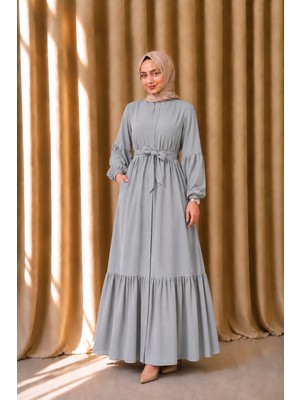 Moda Asi Modaasi Salaş Kesim Rabia Krep Ferace Kuşaklı Rahat Kalıp Tesettür Elbise