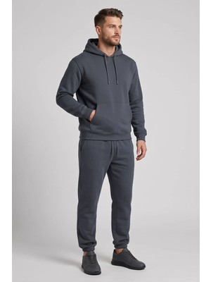 Machi Makiteks Erkek Füme Koyu Gri Kapüşonlu Kanguru Cepli Eşofman Takımı Paçası Lastikli Rahat Kalıp Spor Takım - Sweatshirt ve Eşofman Altı Ikili Takım