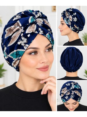 Daisy Tasarım Daisy Kadın Payetli Lacivert Bone Türban Çiçek Desenli Şık Saç Örtüsü