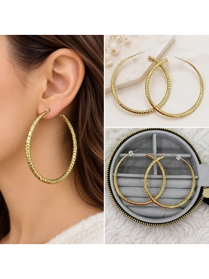 Fm 💎 Premium Parlak ve Şık Gold Renk Dokulu Büyük 316L Çelik Kadın Halka Küpe