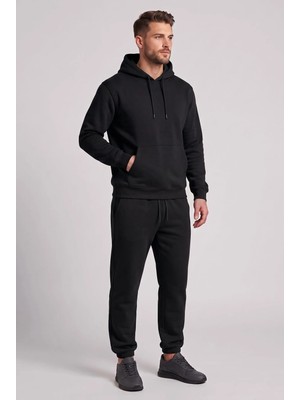 Machi Makiteks Erkek Siyah Kapüşonlu Kanguru Cepli Eşofman Takımı Paçası Lastikli Rahat Kalıp Spor Takım - Sweatshirt ve Eşofman Altı Ikili Takım