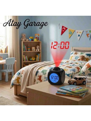 Atay Garage Projeksiyonlu Masa Saati Mavi Ekranlı Siyah Kasa 8-9cm Ebatlarında Tavana Yansıtmalı
