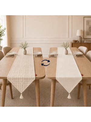 Die Grup Tr Tek Runner Iki Farklı Yüz, Çift Taraflı Kullanım 45 x 150 Cm, Desenli ve Düz Iki Yüzlü Runner, Püsküllü Dekoratif Masa Örtüsü (Krem Desenli)