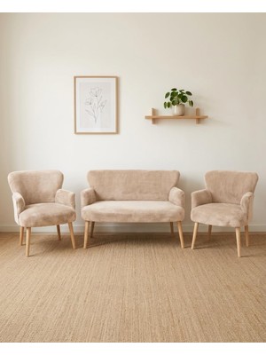 Die Grup Tr Roma Çay Seti Balkon Koltuk Takımı Welsoft Yumuşak Kumaş Naturel Ayaklı 2+1+1 Takım - Cappuccino Bej
