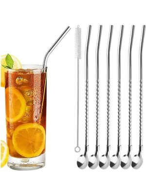 Die Grup Tr Kaşıklı Milkshake Pipeti Gümüş Paslanmaz Çelik 6'li Pipet Seti+ 1 Adet Temizleme Fırçası