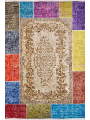 Die Grup Tr 100X300 cm Palencia Bej Patchwork Yün El Dokuma Modern Geometrik Etnik Eskitme Desenli Boho Oturma Odası Salon Yolluk Koridor Mutfak Halısı