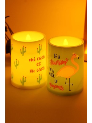 Die Grup Tr LED Mum Bardak Tipi Pilli Dumansız Alevli Dekoratif Yapay Mum Işıldak Dekor Lambası 10 cm (2'li (Kaktüs Flamingo))