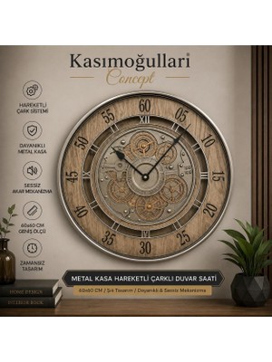 Die Grup Tr Ahşap Desenli Dekoratif Duvar Saati 60 Cm, Metal Çerçeveli, Vintage Tasarım, Açıkta Görünen Dişli Mekanizma, Modern ve Endüstriyel Dekorasyon Saati, Salon ve Ofis Kullanımı