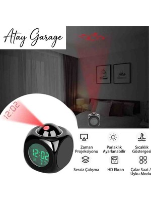 Atay Garage Projeksiyonlu Masa Saati Yeşil Ekranlı Siyah Kasalı 8-9cm Ebatlarında Kırmızı Lazerli Tavana Yansıtmalı