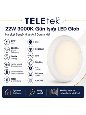 Die Grup Tr 22W 3000K Gün Işığı LED Glob Hareket Sensörlü ve Acil Durum Kitli Beyaz Armatür Ip 20 2000LM